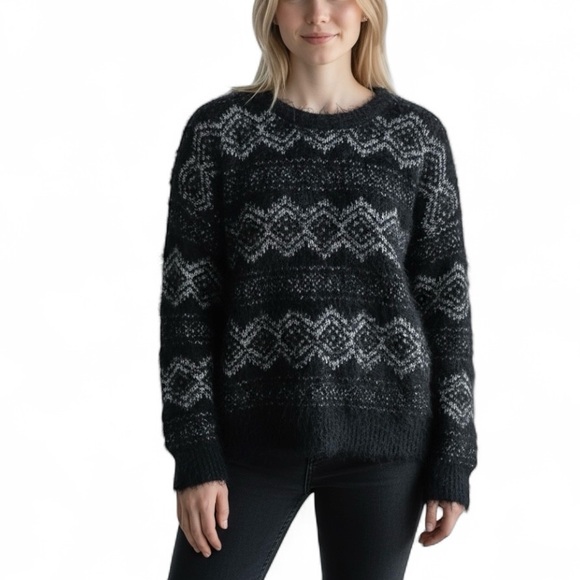 CLICHE Black Diamond Mosaic Pattern Eyelash Knit Sweater Size Medium Cozy - Picture 1 of 7